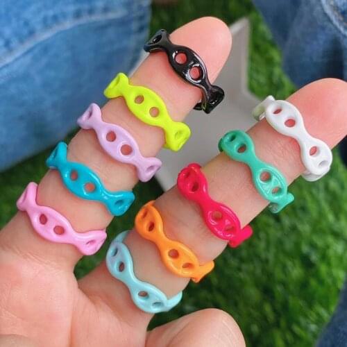 10Pcs Women Gifts Punk Style Drip Oiled Chain Open Cuff Ring Adjustable Multi Colors Simple Wide Geometric Enamel Finger Ring