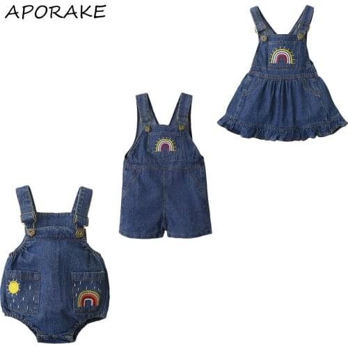 2021 0-5Y Toddler Baby Boy Denim Clothes Spring Summer Rainbow Embroidery Sleeveless Belt Romper/Dress Loose Overalls One Piece
