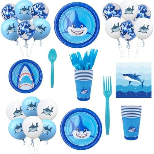 Shark Theme Birthday Party Supplies Paper Plates Cups Napkin Balloon Baby Shower Decor Wedding Event Party Disposable Tableware