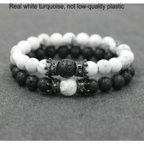 Charm Bracelet For Men Fashion Natural Lave Stone Beads With Crown Bracelet For Women His & Her Distance Bracelets Jewelry Gift