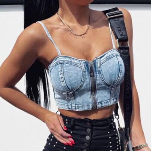 Denim Half-corset Bralette with Blue Denim Front Zip Boat Neck Exposed Navel Denim Camisole Femme High Streetwear