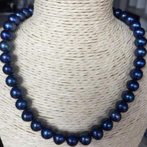Elegant 9-10mm round Tahitian black blue round pearl necklace 18inch 925silver