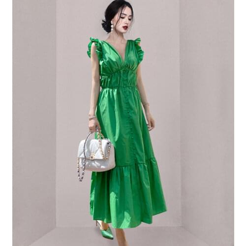 JSXDHK Elegatn Designer Runway Summer Long Dress Women V Neck Ruffles Green Sexy Backless Bow Sleeveless Button Deco Party Dress
