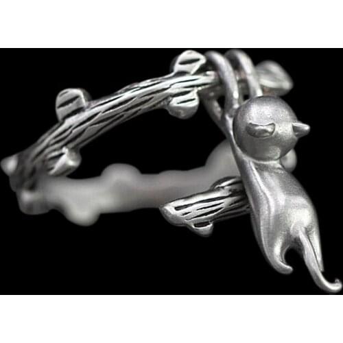 Cute Little Cat Climbing Tree Women Rings Statement Jewelry Accessories Girl Gift Vintage Animal Silver Color Rings for Women
