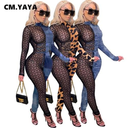 CM.YAYA Winter Fall Sexy Lace Up Mesh See Though Patchwork Womens Jumpsuit Club Party One Piece Overall Bodycon Rompers Outfit