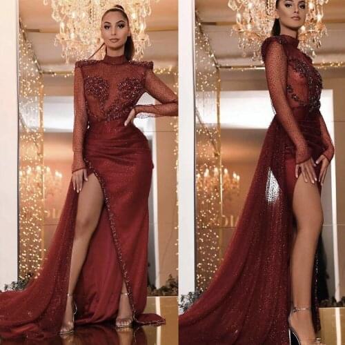 Red prom dresses 2020 high neck lace appliques beading sequins long sleeve side slit brugundy detachable evening dress