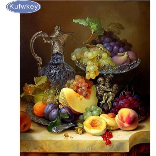 Kufwkey 5D Diamond Embroidery Fruit and wine DIY Diamond Painting Cross Stitch Square Drill Needlework Mosaic Decor Paintings