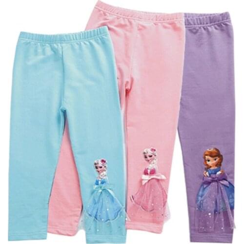 Girls' Leggings Summer Calf Pants Cartoon 3D Anna Elsa Girls' Pants Childrens Pants Childrens Pants 2-10 Years Old