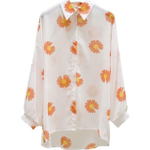 2021 Summer Beach Cover-ups New Fashion Long Sleeve Turn-down Collar Sunflower Print Loose Chiffon Blouse Casual Shirts Tops