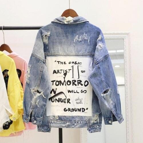 Harajuka Fashion Letter Appliques Hole Ripped Frayed Women Jean Jacket Tapel Casual Loose Fit Coat Female Spring-Fall Streetwear