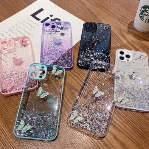 Fashion 3d Bling Butterfly Female Soft Case For Iphone 11 12 Pro Max Mini 7 8 Plus Xr X Xs Max Se 2020 Girl Phone Cover Fundas