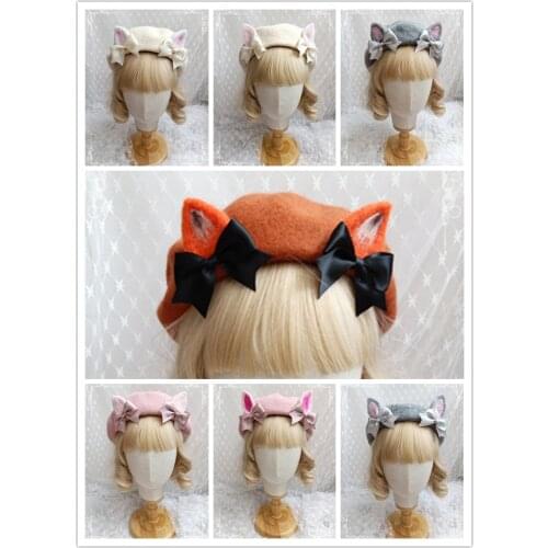 New Cat & Rabbit Ear Beret Autumn Winter Warm Kawaii Painter Cap Mori Girl JK Uniform Dome Hat Sweet Lolita Retro Thick Cute Fox