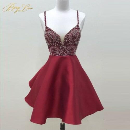 BeryLove Sexy Neck Red Cocktail Dress 2019 Satin Spaghetti Straps Sweetheart Crystal Beading Girl Short Prom Party Gown