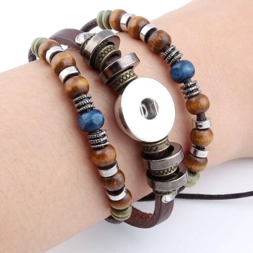 Hot Snap Bracelets & Bangles Newest Design Vintage Style Beads Leather Bracelet FIt 18/20MM Snaps Button Jewelry ZE407