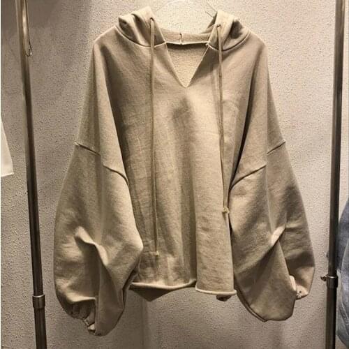 Casual Hoodies Sweatshirt Solid Color V-Neck Women Clothing Autumn Lady Tops Women Lantern Sleeve Oversize Hoodies