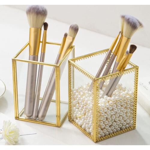 Transparent Glass Makeup Brush Storage Box Gold Cosmetics Container Pen Pencil Lipstick Holder Make Up Brush Tools Organizer