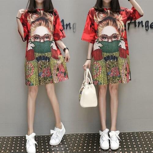 Cartoon Pattern Women Summer New Dress 2021 Printed Doll Yellow Striped Dress T shirt Short Sleeve dress Animal Dog 180