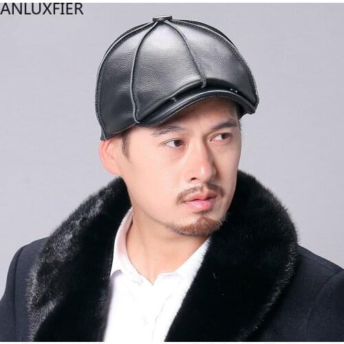 H6932 Genuine Leather Mens Hat Cowhide Casual Autumn Winter Fashion Octagonal Hats Male Outdoor Warm Middle Age Elderly Men Cap