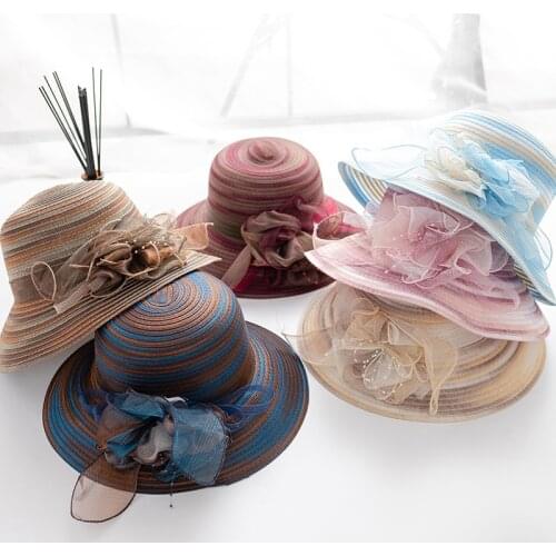 Organza Sun Hats Women Flower Summer Wedding Caps Female Elegant Floral UV Church Hats 2021 New Fashion