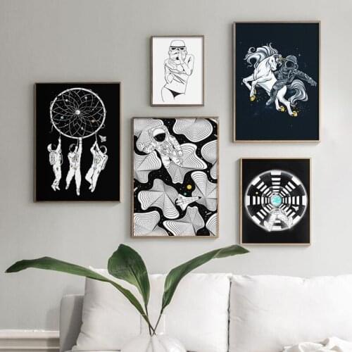 Nordic Space Wall Art Canvas Painting Abstract Astronaut Horse Modern Poster Print Wall Picture for Living Room Dining Decor