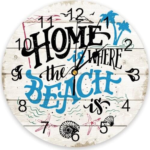 Marine Life Beach Palm Trees Wood Grain Modern Wall Clock For Home Office Decoration Living Room Bathroom Decor Hanging Watch