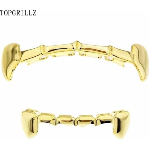TOPGRILLZ Gold Fang Grillz Set Goldn Color Plated Half Teeth Dracula Vampire Slim Grills Gold Top&Bottom Sets Hiphop Gold grillz