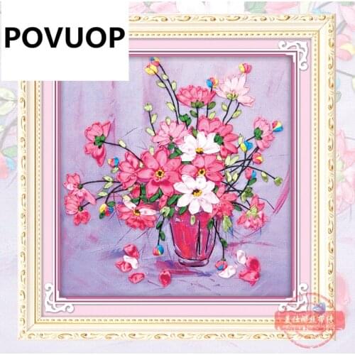 POVUOP Simple painting 43X45cm ribbon embroidery paintings intergards 3d three-dimensional embroidery