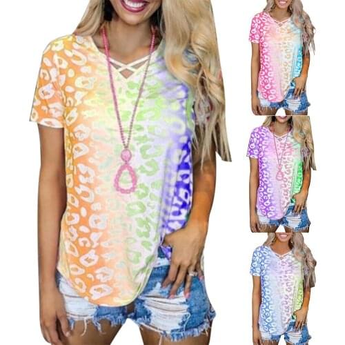 Plus size Blouses for women Crossing Strap V Neck Short Sleeve Gradient Color Print T-shirt Top Blouse 3XL