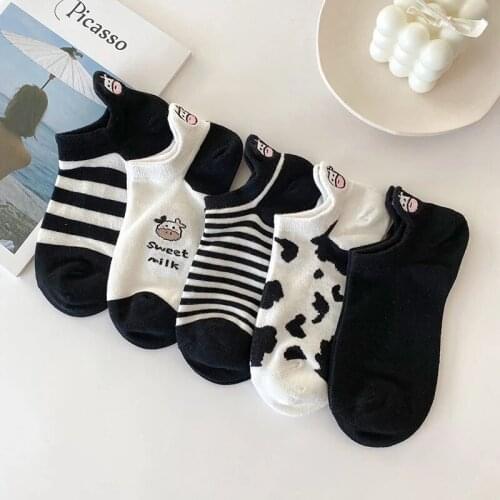 5Pairs/Bag White And Black Embroidery Cow Cotton Socks Women Summer Striped Casual Breathable Sock Shallow Mouth Soxs Female