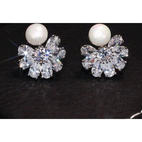 Trendy 925 sterling silver Freshwater Pearl Stud Earrings For Women Snowflake Cubic Zircon Earring Party Jewelry Female