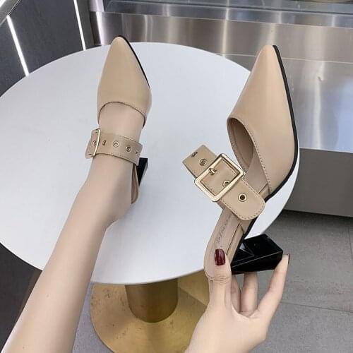 Slippers Casual Pointed Toe Med Shoes Woman 2021 Female Mule Square heel Heeled Mules Luxury Cover Block High Pumps Rubber Slid