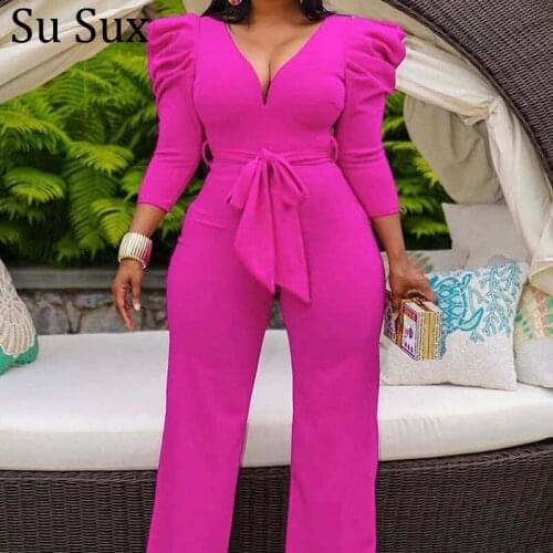 Deep V Neck Wide Leg Jumpsuit Women Office Lady Rompers Rose Red Puff Sleeve Long Pants Jumpsuit and Belt Vestidos 2021 Autumn