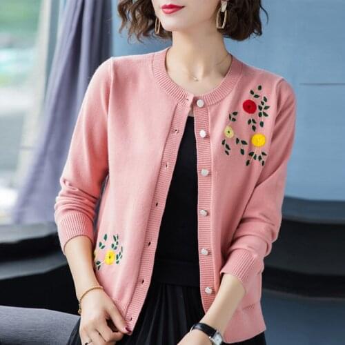 2021 Autumn Solid Ladies Knit Sweater Floral Long Sleeve Womans Cardigans with Buttons O-Neck Female Sweaters Outwear