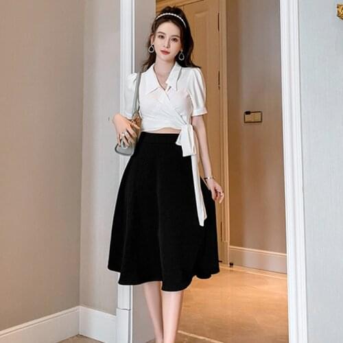 Women Elegant Vintage Casual Turn-down Collar Puff Sleeve Lace Short Top Shirt Blouse High Waist Black A-Line Skirt 2 Pieces Set