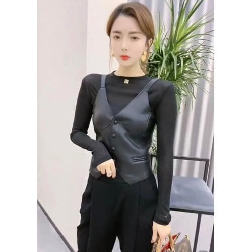 2021 Spring Autumn Faux Leather Suit Vest Black Waistcoats Female Motorbike Vests Pu Leather Womens Streetwear Sleeveless Y187