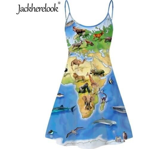 Jackherelook Animal World Map Print Harajuku Halter Party Dress for Ladies Spaghetti Strap Backless Sleeveless Dresses Mujer