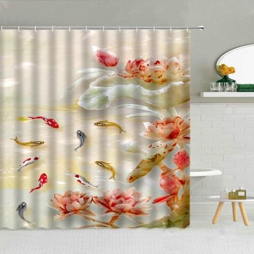 3D Jade Carving Garden Scenery Shower Curtain Peony Flower Goldfish Bird Green Leavees Fabric Bathroom Decor Hooks Curtains Set