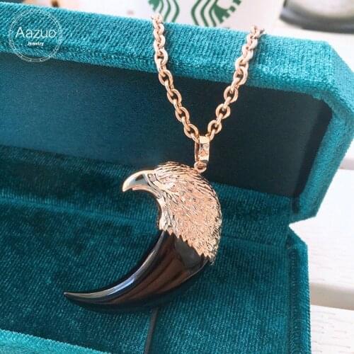 Aazuo Hip Hop 100% Real 18K Rose Gold Natural Black Agate Eagle Spike Shape Pendent With Chain gifted for Man Luxury Jewelry