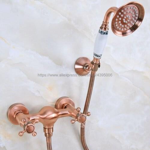 Antique Red Copper Wall Mounted Bathroom Faucet Bath Tub Mixer Tap With Hand Shower Head Shower Faucet Sets Bna296