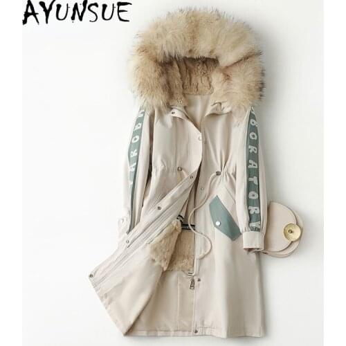 AYUNSUE Winter Clothes Women 2021 Long Real Rabbit Fur Liner Parkas Female hooded Raccoon Fur Collar jacket Manteau Femme Gxy413