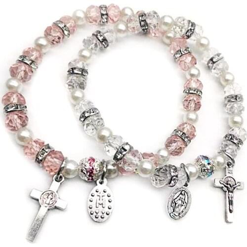 Catholic Christian Crystal Beads Crucifix Cross Saint Benedict Virgin Mary Rosaries Bracelets for Women Religious Jewelry