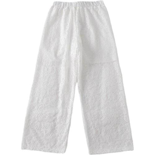 Summer New Fashion White Lace Mesh Wide-leg Pants Womens High-quality Lined Trousers Straight-leg Pants