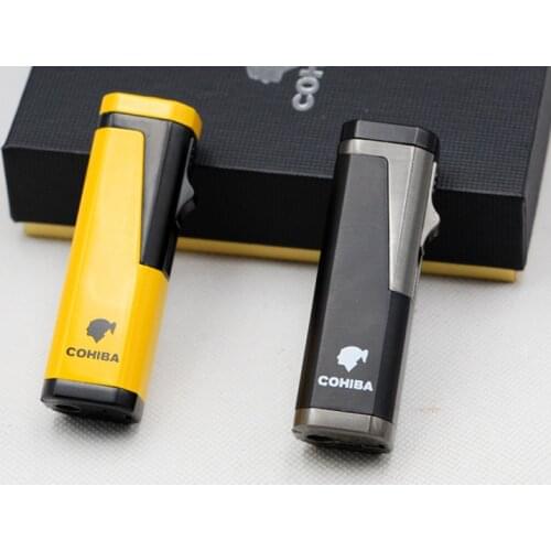 COHIBA Cigar Smoking Ligther Three Torch Jet Flame Cigarette Lighter Gas Butane Cigar Lighter With Cigar Punch