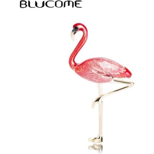 Blucome Enamel Flamingo Birds Brooches For Women Gold-color Alloy Broches Lapel Pins Scarf Dress Suit Clips Bijoux Gift