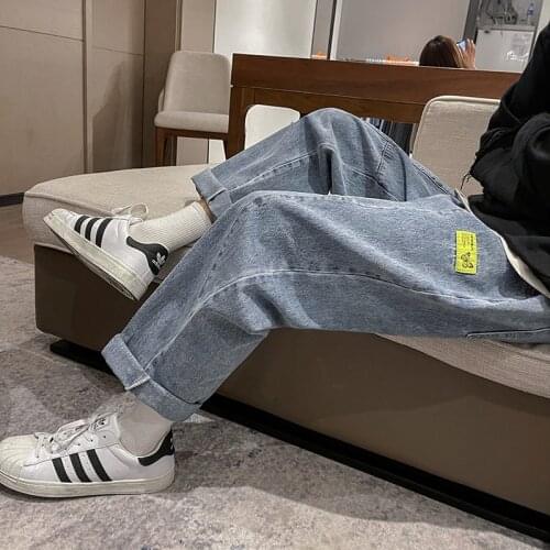 2021 Autumn New Mens Elastic Waist Denim Wide-leg Pants Korean Style Fashion Drawstring Straight Baggy Jeans Male Oversized