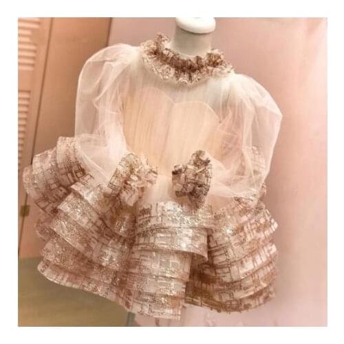New Champagne Princess Dress Baby Girl Clothes Long Sleeve Birthday Party Vestido Wear 1-14Years