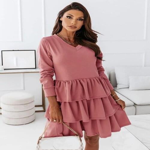 Autumn Dress Women Robe Femme Solid Color A-Line Dresses Patchwork Ruffles V-Neck Long Sleeve Slim Mini Dress For Woman Vestido
