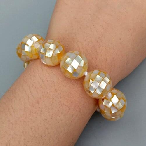 Y·YING Natural Golden Abalone Shell 16mm Round Faceted Long Necklace Bracelet Earrings Set Cubic Zirconia Pave Clasp