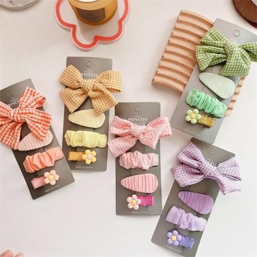 4Pcs/Set Girls Cute Plaid Fabric Bow Hair Clip Kids kawaii Barrette BB Hairpin Children Candy Color Hair Accessories Fashion New