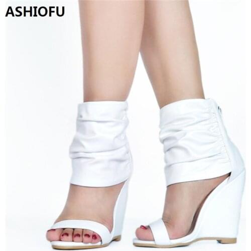 ASHIOFU New Handmade Womens Wadge Heel Sandals Ankle Wrap Wedding Party Prom Shoes Large Size Fashion Evening Sandals Shoes